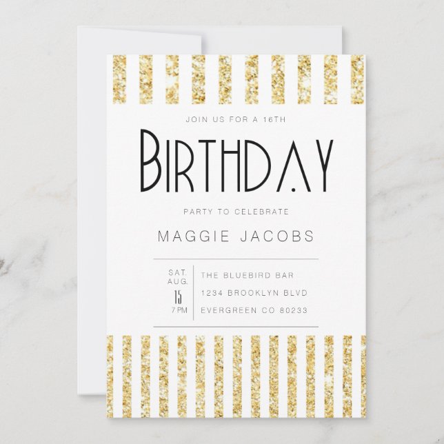 Convite Festa de aniversário de faixas de brilho Dourado (Frente)