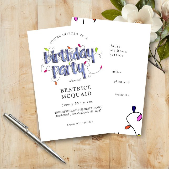 Convite Festa de aniversário de Fatos Azuis e Dusty com Le (Hand Lettered Fun Facts Dusty Blue Birthday Party Invitation)