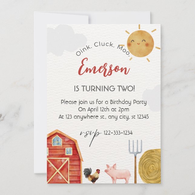 Convite Festa de Aniversário de Fazenda Amarelo-Vermelho (Frente)