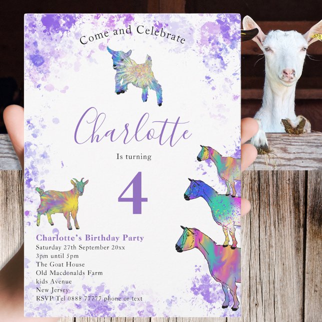 Convite Festa de aniversário de Fazenda de Caprinos Cuxos (Farm goats 4th birthday party invitation colorful watercolor animal art)
