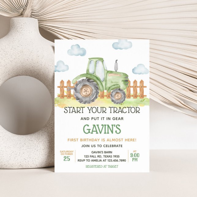 Convite Festa de aniversário de Fazenda do trator verde (Green Tractor Birthday Party Invitation)