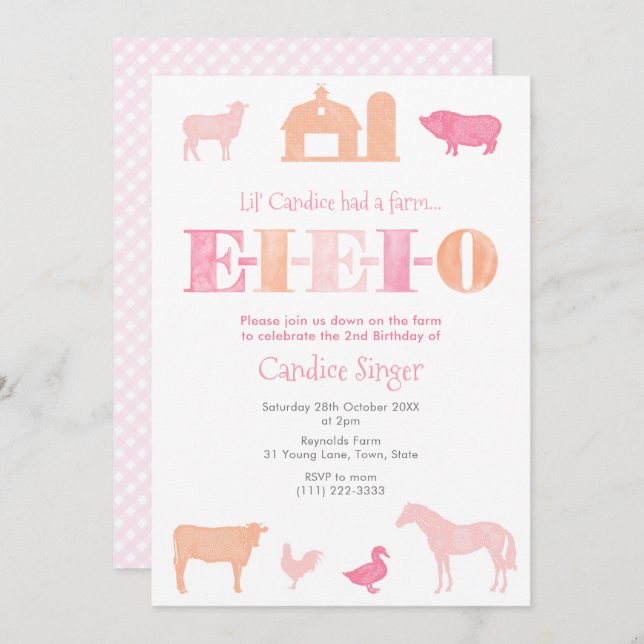 Convite Festa de aniversário De Fazenda EEIO Rosa E Pêsseg (Frente/Verso)
