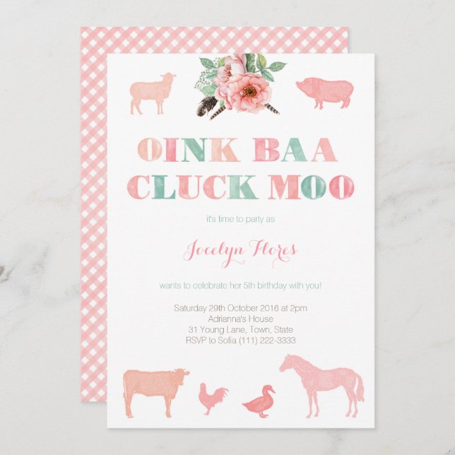 Convite Festa de aniversário De fazenda Para Garota, Oink  (Frente/Verso)