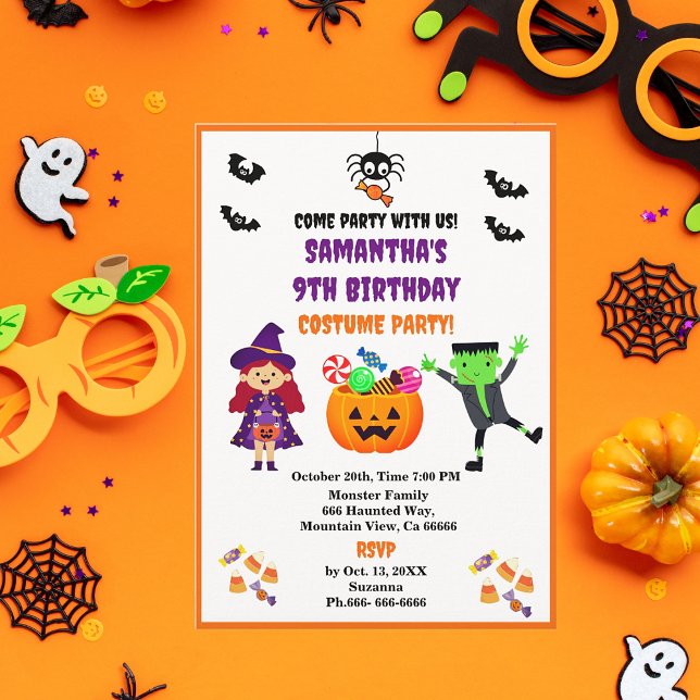 Convite Festa de aniversário de Figuras de Halloween (Cute Kids Halloween Birthday Party! Easy to personalize.)