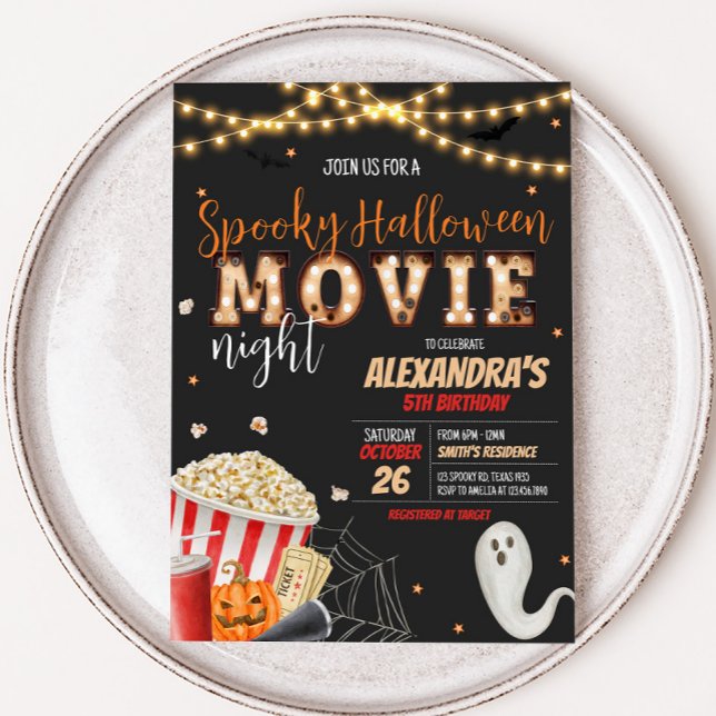 Convite Festa de aniversário de Filme de Halloween Spooky (Spooky Halloween Scary Movie Night Birthday Party Invitation)