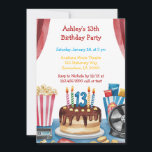 Convite Festa de aniversário de Filme e Popcorn Kid<br><div class="desc">Uma ilustração aquosa de uma festa de aniversário noturna de cinema. Há um fundo branco com bolo de aniversário e velas. Há fotos,  salgadinhos e uma fita de filme perto do bolo. Há o número 13 em azul no bolo.</div>