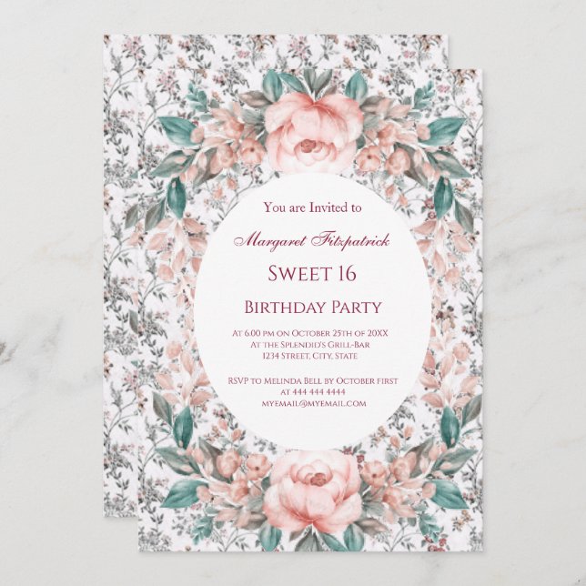 Convite Festa de aniversário de Flores de Rosas Rosa Doce  (Frente/Verso)