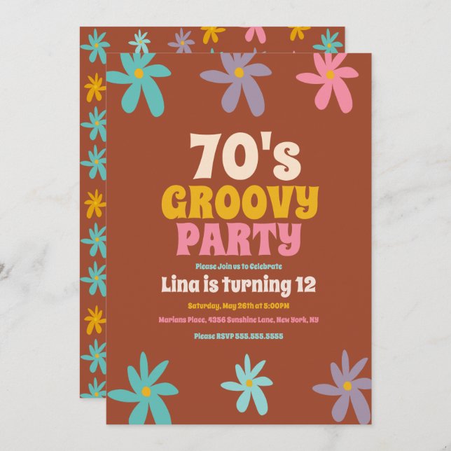 Convite Festa de aniversário de Flores do Groovy Doodle Re (Frente/Verso)