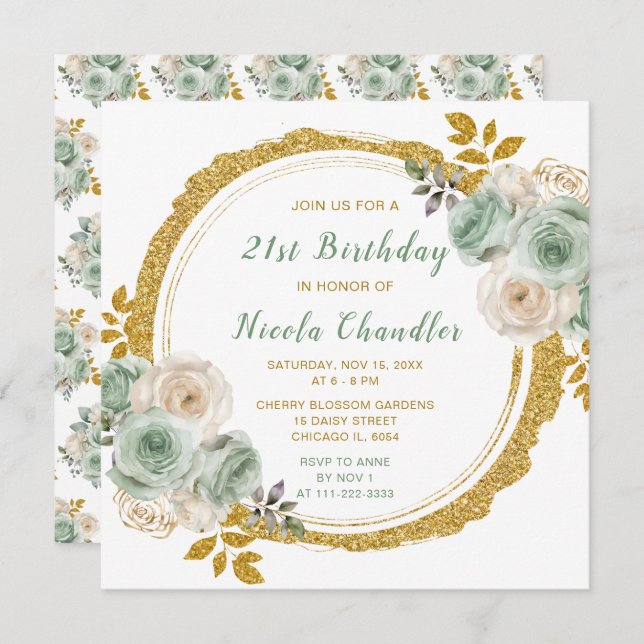 Convite Festa de aniversário de Flores Elegantes Douradas  (Frente/Verso)
