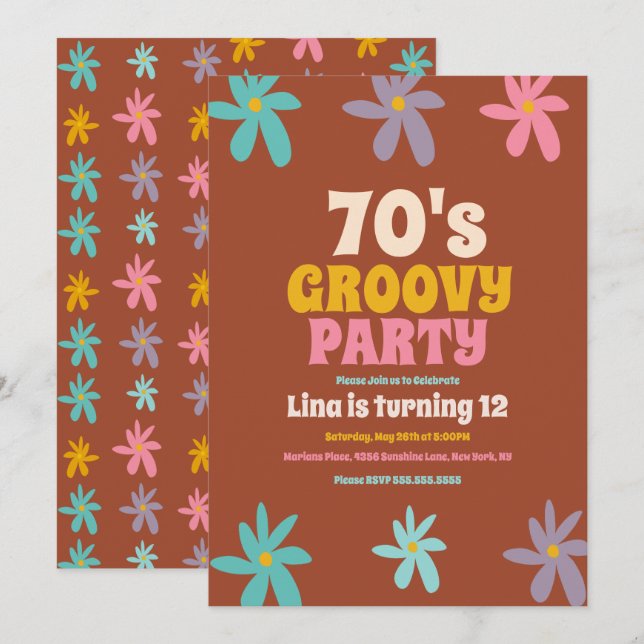 Convite Festa de Aniversário de Flores Groovy Rabiscos de  (Frente/Verso)