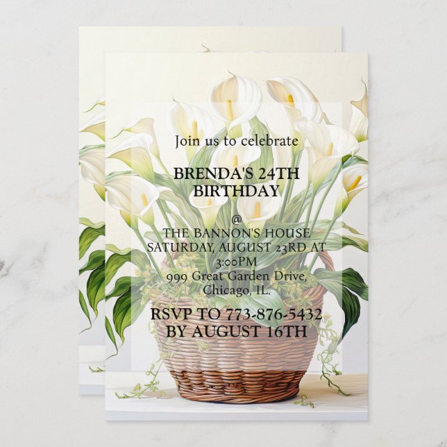 Convite Festa de aniversário de Flores Plantadas Calla Lil (Frente/Verso)