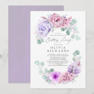 Convite Festa de aniversário de Flores Rosa e Roxo Claro