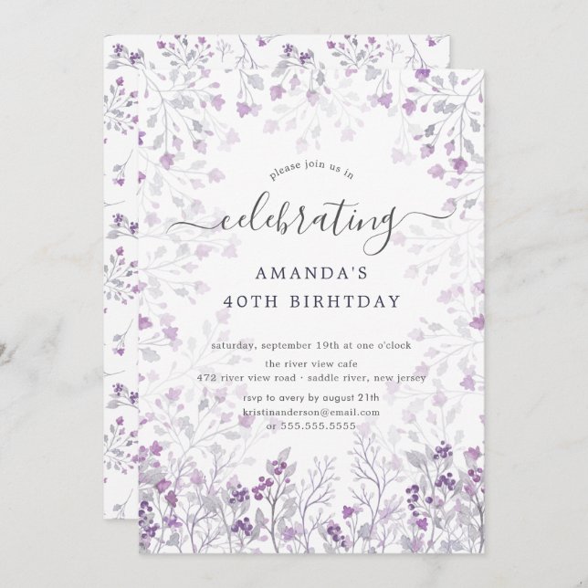 Convite Festa de aniversário de flores silvestres roxas (Frente/Verso)
