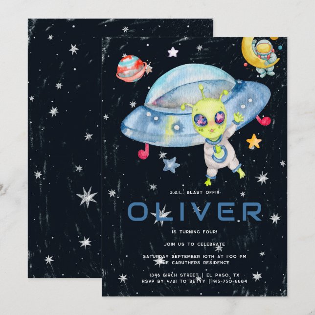 Convite Festa de Aniversário de Foguete Espacial Alien Mod (Frente/Verso)