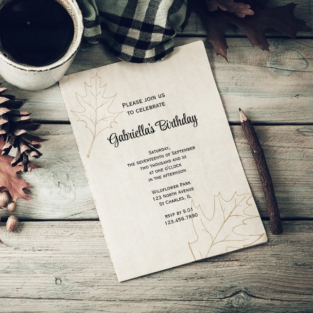 Convite Festa de aniversário de Folhas de Carvalho do outo (Criador carregado)