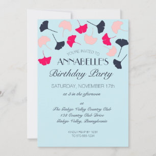 Convite Festa de aniversário de folhas de ginkgo, rosa e 