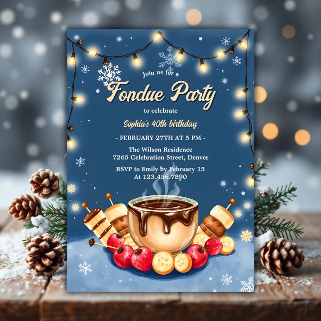 Convite Festa de aniversário de Fondue de Chocolate de Mor (Watercolor Winter Strawberry Chocolate Fondue Birthday Party Invitation)