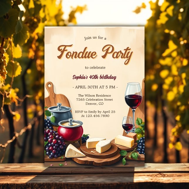 Convite Festa de aniversário de Fondue de Vinho de Queijo  (Elegant Cheese and Wine Fondue Birthday Party Invitation)