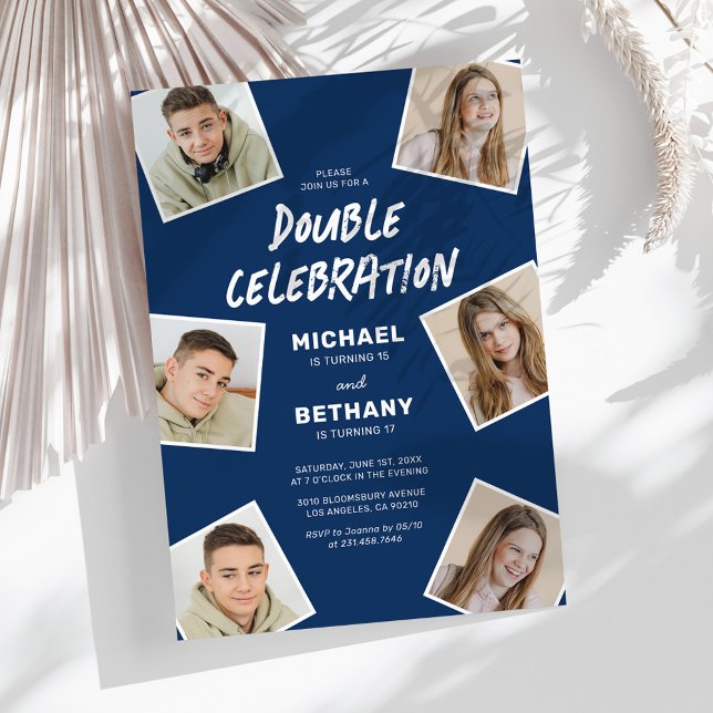 Convite Festa de Aniversário de Foto Conjunta Azul Moderna (Criador carregado)
