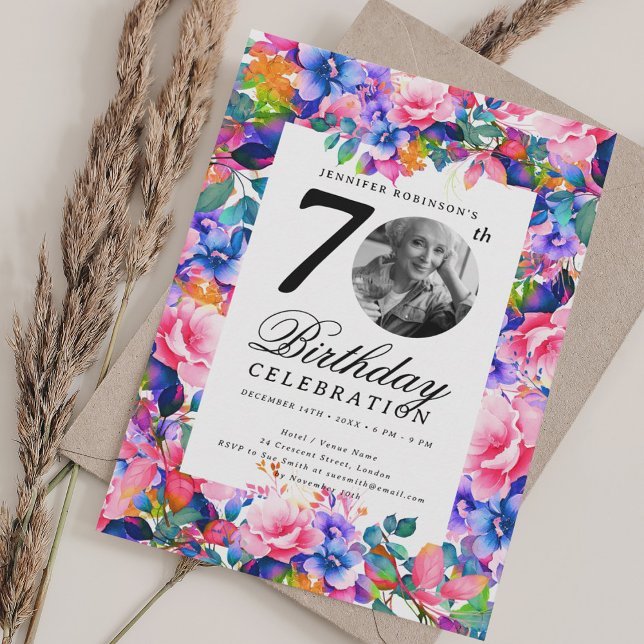 Convite Festa de aniversário de Foto do Rainbow Floral Gar (Rainbow Floral Garden Photo 70th Birthday Party Invitation)