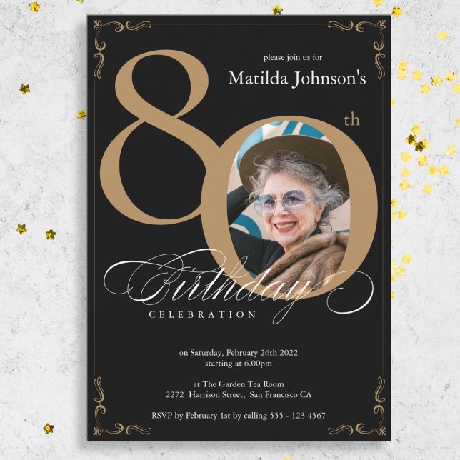 Convite Festa de aniversário de Foto Dourada Elegante (Elegant Black Gold Photo 80th Birthday Party Invitation)