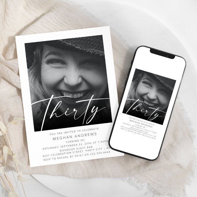 Convite Festa de aniversário de Foto Moderna Trinta (Criador carregado)