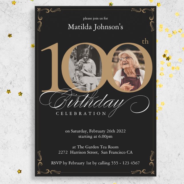 Convite Festa de aniversário de Foto Personalizada Dourada (Black Gold Custom Photo 100th Birthday Party Invitation)