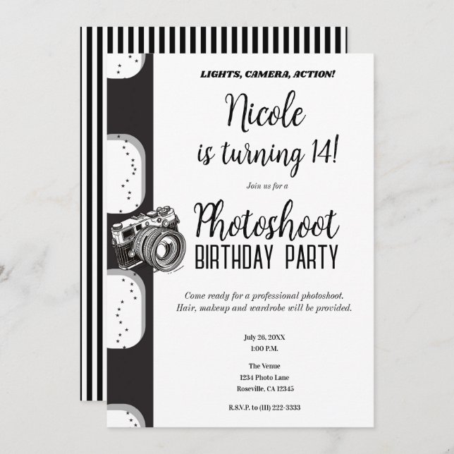 Convite Festa de aniversário de Fotografia Branca Preta (Frente/Verso)