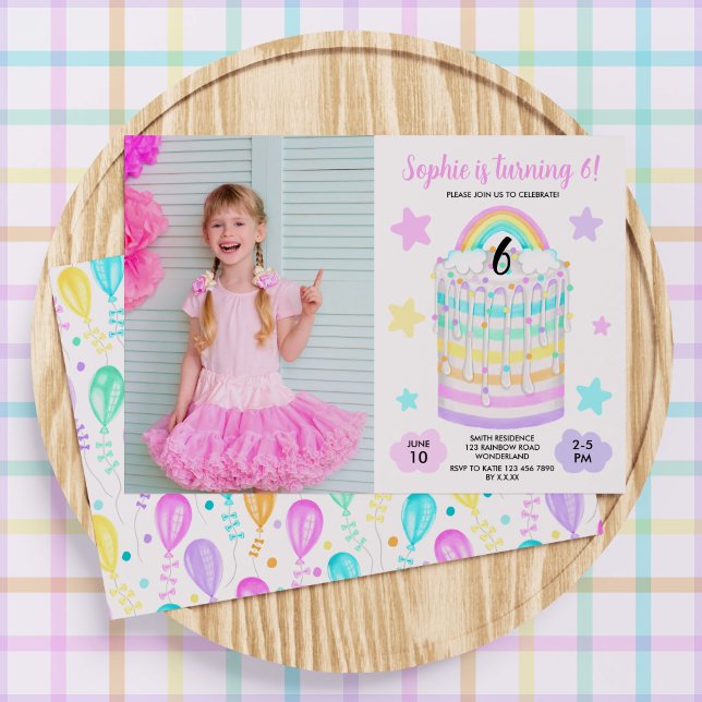 Convite Festa de aniversário De Fotografia Do Rainbow Cake (Girls' Rainbow Cake Birthday Invitation)