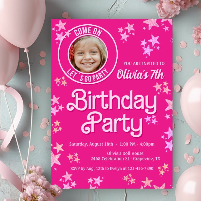 Convite Festa de aniversário de Fotografia Doll Rosa (Cute pink doll photo any number birthday party invitation. Simply add your photo and details.)