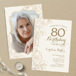 Convite Festa de aniversário de Fotografia Dourada Floral<br><div class="desc">Convite de aniversário de Foto Dourada de Ivory Cream Floral. Design minimalista moderno com desenhos botânicos em destaque e letra de script de tipografia. Simples trendy convida cartão perfeito para uma festa de na moda. Pode ser personalizado para qualquer idade. Impressos convites Zazzle ou modelo de impressão digital instantânea para...</div>