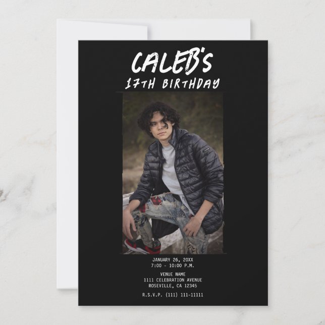 Convite Festa de aniversário de Fotografia Mínima Preta (Frente)