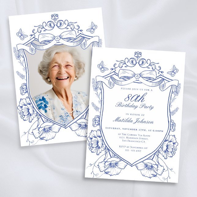 Convite Festa de aniversário de Fotografia Personalizada F (Blue Floral Custom Photo 80th Birthday Party Invitation)