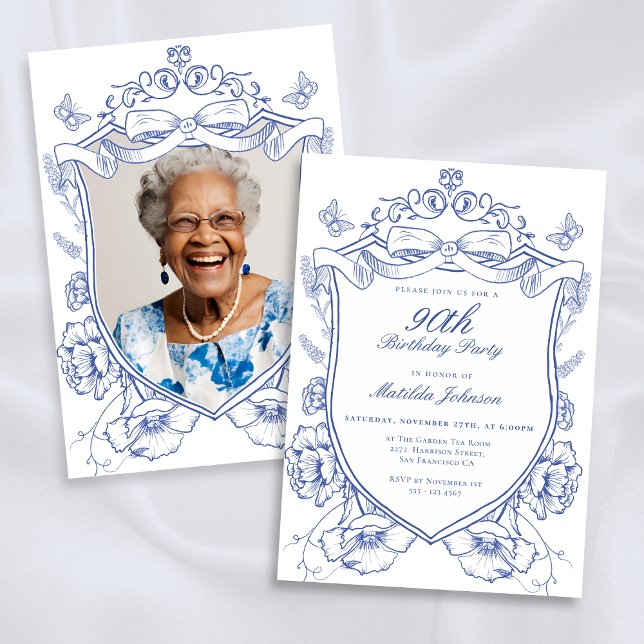 Convite Festa de aniversário de Fotografia Personalizada F (Blue Floral Custom Photo 90th Birthday Party Invitation)