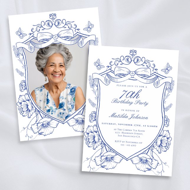 Convite Festa de aniversário de Fotografia Personalizada F (Blue Floral Custom Photo 70th Birthday Party Invitation)