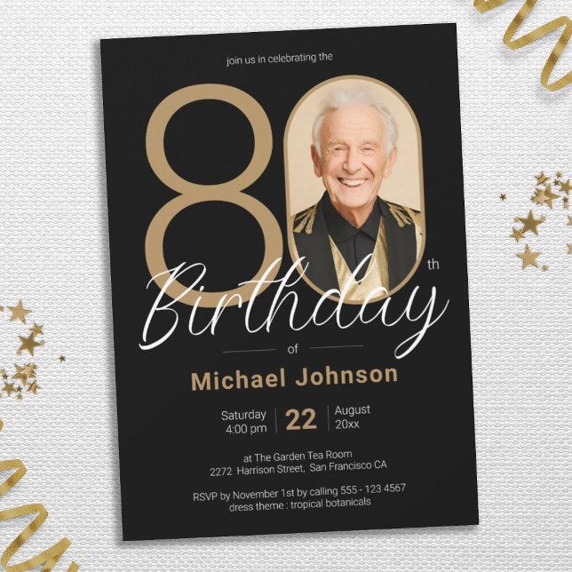 Convite Festa de aniversário de Fotografia Personalizada S (Photo 80th Birthday Gold Black Chic Simple Custom Invitation)