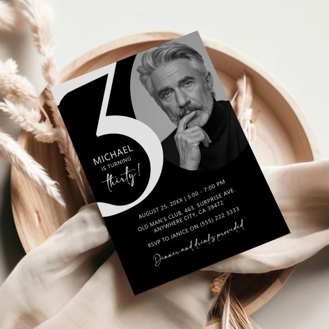 Convite Festa de aniversário de Fotografias 30 preto e bra (Criador carregado)