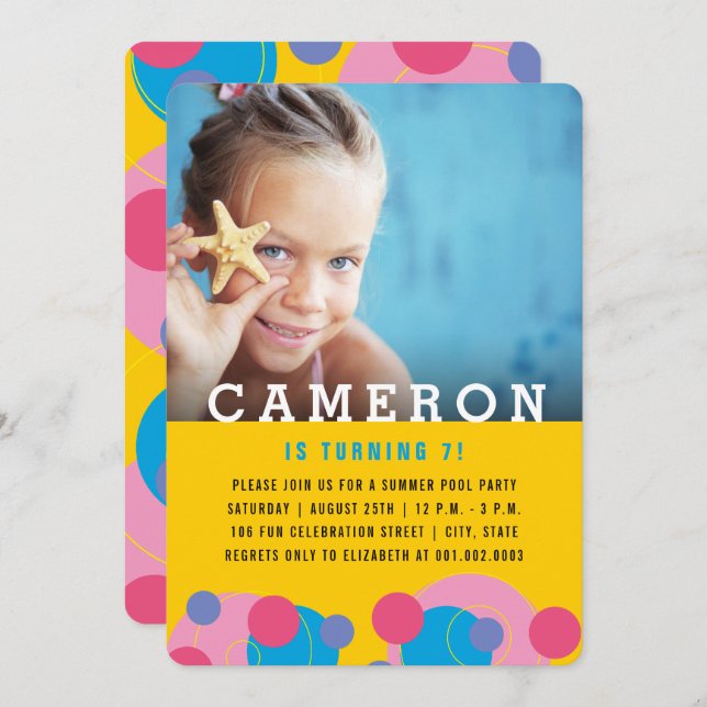 Convite Festa de aniversário De Fotografias De Bolhas Cor- (Frente/Verso)