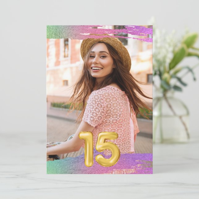 Convite Festa de aniversário de Fotografias do Balão 15 Qu (Em pé/Frente)