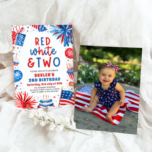 Convite Festa de aniversário de Fotografias do segundo Ver (Watercolor Fireworks Patriotic 4th July Red, White & Two 2nd Photo Birthday Party Invitation)