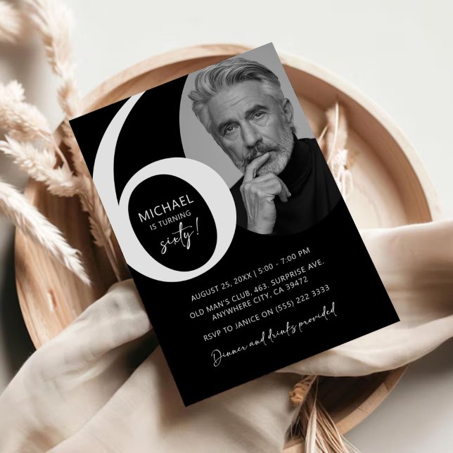 Convite Festa de aniversário de fotos 60ª preto e branco m (Criador carregado)