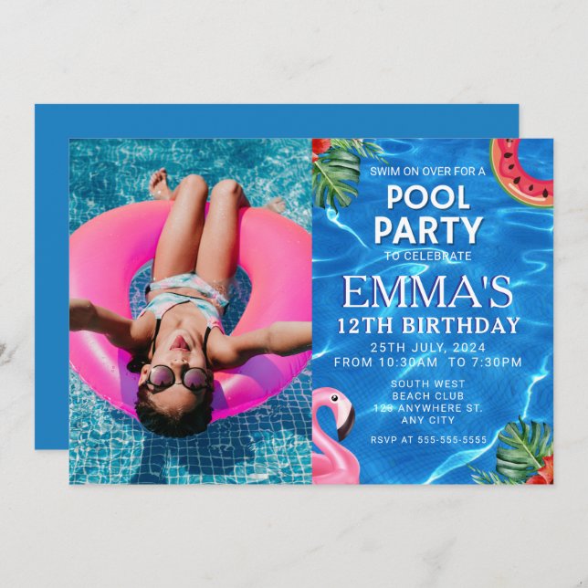Convite Festa de aniversário de fotos da piscina (Frente/Verso)