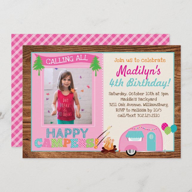 Convite Festa de aniversário de Fotos Feliz Camper Girl (Frente/Verso)
