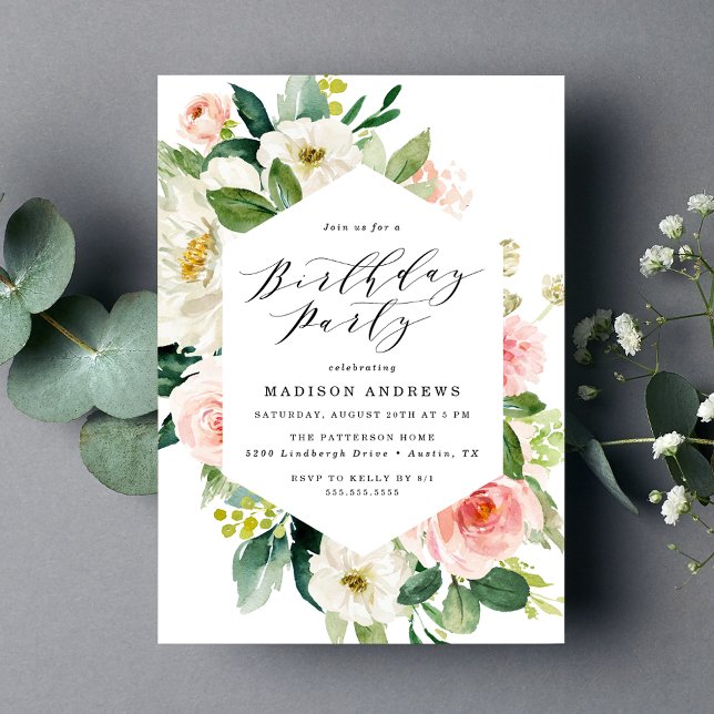 Convite Festa de aniversário de Frame Floral de Blush Eleg (Criador carregado)