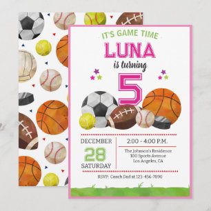 Convite Festa de Aniversário de Futebol Basquete Pink All