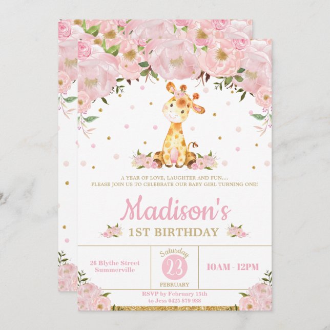 Convite Festa de aniversário de Garota Cinzenta Floral Ros (Frente/Verso)