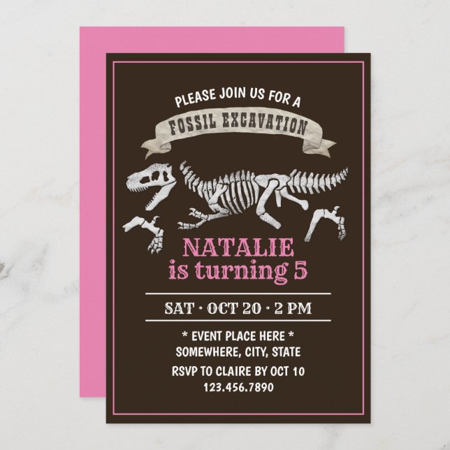 Convite Festa de aniversário de Garota de Escavação Fóssil (Frente/Verso)