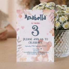 Convite Festa de aniversário de Garota Rosa do Urso Teddy