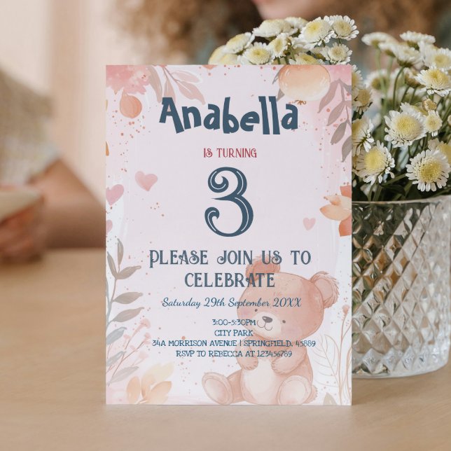 Convite Festa de aniversário de Garota Rosa do Urso Teddy (Criador carregado)