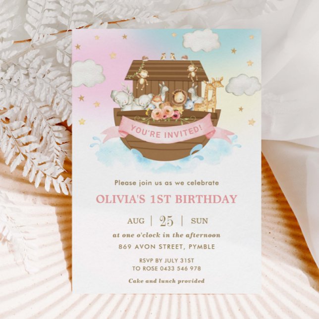 Convite Festa de aniversário de Garotas de Bicho-de-Arca d (noah's ark rainbow cute animals 1st birthday invitation printed cardstock cards for girls)